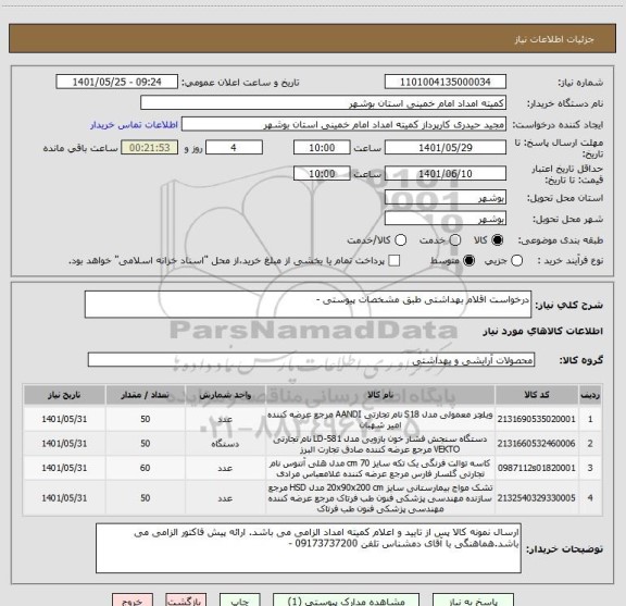 استعلام درخواست اقلام بهداشتی طبق مشخصات پیوستی -