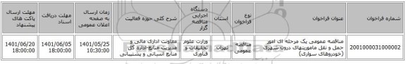 مناقصه، مناقصه عمومی یک مرحله ای امور حمل و نقل ماموریتهای درون شهری (خودروهای سواری)