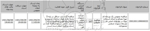 مناقصه، مناقصه عمومی یک مرحله ای تهیه مصالح و اجرای آسفالت توپکا در بلوارهای اصلی فاز توسعه شهرک صنعتی محمودآباد