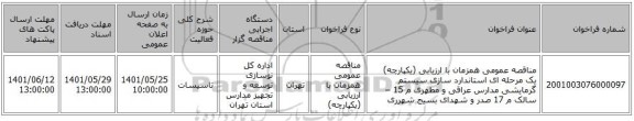 مناقصه، مناقصه عمومی همزمان با ارزیابی (یکپارچه) یک مرحله ای استاندارد سازی سیستم گرمایشی مدارس عراقی و مطهری م 15 – سالک م 17 صدر و شهدای بسیج شهرری