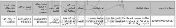 مناقصه، مناقصه عمومی همزمان با ارزیابی (یکپارچه) دو مرحله ای خرید انواع چک مسی چراغ لاک پشتی14011124