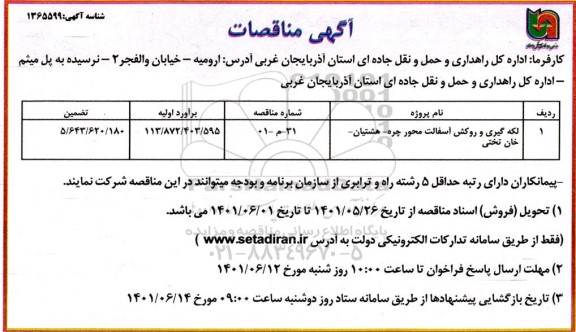 مناقصات لکه گیری و روکش اسفالت محور 