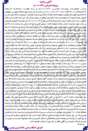 مزایده ششدانگ محوطه خانه، صیفی کاری و باغ انار ترش