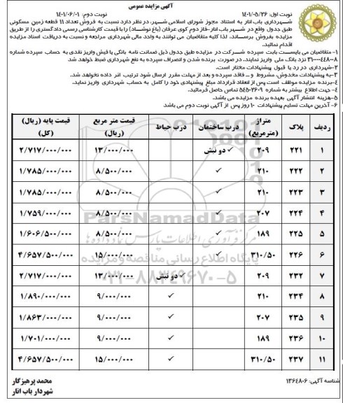 مزایده فروش تعداد 11 قطعه زمین مسکونی