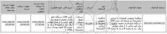 مناقصه، مناقصه عمومی همزمان با ارزیابی (یکپارچه) دو مرحله ای  خرید 230 دستگاه تابلو فشار ضعیف و توزیع برق آمپر بارانی ( از محل عوارض برق، بند ج تبصره 6 و بند ط تبصره 15