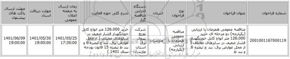 مناقصه، مناقصه عمومی همزمان با ارزیابی (یکپارچه) دو مرحله ای خرید 126.000 متر انواع کابل خودنگهدار فشار ضعیف در سایزهای مختلف ( از محل عوارض برق، بند ج تبصره 6 و بند ط