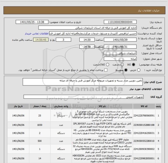 استعلام تامین دوربین مدار بسته و تجهیزات مربوطه مرکز آموزش فنی و حرفه ای میانه