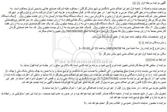 مزایده فروش 1-یک دستگاه پنکه پایه دارآیسان و...