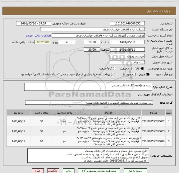 استعلام تربت جام(قلعه گک) - کابل مسی