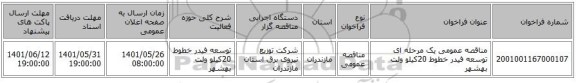 مناقصه، مناقصه عمومی یک مرحله ای توسعه فیدر خطوط 20کیلو ولت بهشهر