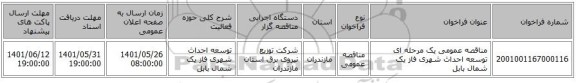 مناقصه، مناقصه عمومی یک مرحله ای توسعه احداث شهری فاز یک	شمال بابل