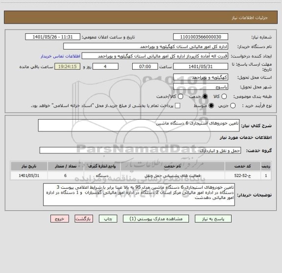 استعلام تامین خودروهای استیجاری 6 دستگاه ماشین