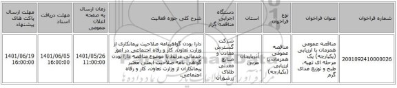 مناقصه، مناقصه عمومی همزمان با ارزیابی (یکپارچه) یک مرحله ای تهیه، طبخ و توزیع غذای گرم