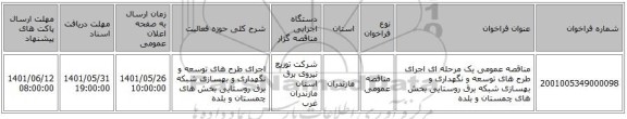 مناقصه، مناقصه عمومی یک مرحله ای اجرای طرح های توسعه و نگهداری و بهسازی شبکه برق روستایی بخش های چمستان و بلده