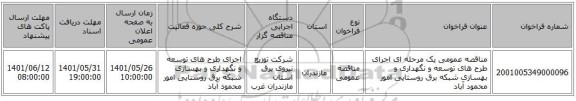 مناقصه، مناقصه عمومی یک مرحله ای اجرای طرح های توسعه و نگهداری و بهسازی شبکه برق روستایی امور محمود آباد