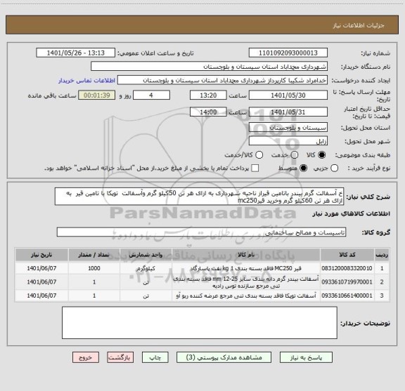 استعلام خ آسفالت گرم بیندر باتامین قیراز ناحیه شهرداری به ازای هر تن 50کیلو گرم وآسفالت  توپکا با تامین قیر  به ازای هر تن 60کیلو گرم وخرید قیرmc250