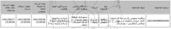 مناقصه، مناقصه عمومی یک مرحله ای احداث کانال خیابان دارالقرآن و شهید عرفانی (بازآفرینی - زودبازده)