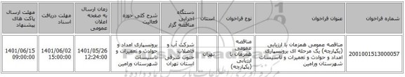 مناقصه، مناقصه عمومی همزمان با ارزیابی (یکپارچه) یک مرحله ای برونسپاری امداد و حوادث و تعمیرات و تاسیسات شهرستان ورامین