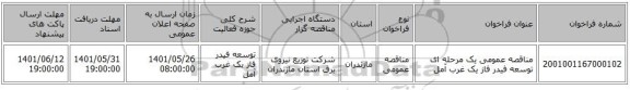 مناقصه، مناقصه عمومی یک مرحله ای توسعه فیدر فاز یک غرب آمل