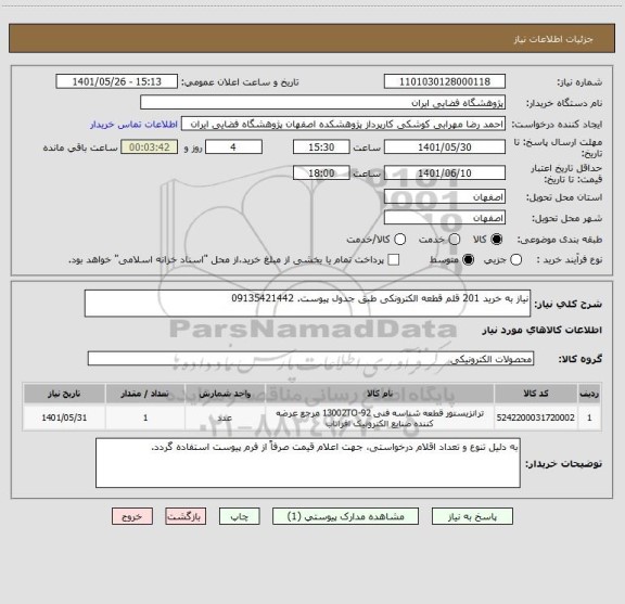 استعلام نیاز به خرید 201 قلم قطعه الکترونکی طبق جدول پیوست. 09135421442