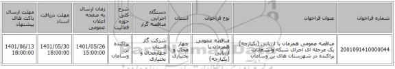 مناقصه، مناقصه عمومی همزمان با ارزیابی (یکپارچه) یک مرحله ای اجرای شبکه وانشعابات پراکنده در شهرستان های بن وسامان