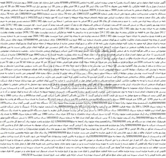 آگهی مزایده مقدار 5000 سهم مشاع از 39370 قطعه ششم از چهل و یک قطعه تفکیکی و غیره ...