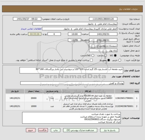 استعلام خرید ملحفه آب کشدار وزن 25 گرم اندازه 220*120 و دروشیت آبی بالدار بزرگسالان 160*90