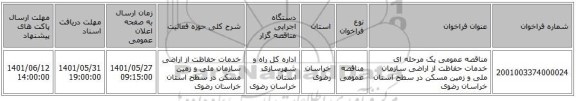 مناقصه، مناقصه عمومی یک مرحله ای خدمات حفاظت از اراضی سازمان ملی و زمین مسکن در سطح استان خراسان رضوی