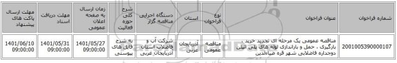 مناقصه، مناقصه عمومی یک مرحله ای تجدید خرید ، بارگیری ، حمل و باراندازی لوله های پلی اتیلن دوجداره فاضلابی شهر قره ضیاءلدین