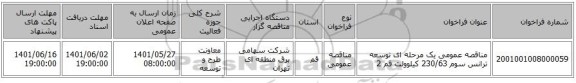 مناقصه، مناقصه عمومی یک مرحله ای توسعه ترانس سوم 230/63 کیلوولت قم 2