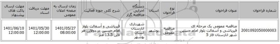 مناقصه، مناقصه عمومی یک مرحله ای قیرپاشی و آسفالت  بلوار امام حسین شهر انارستان فاز 5