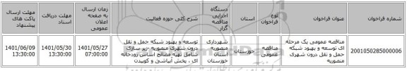 مناقصه، مناقصه عمومی یک مرحله ای توسعه و بهبود شبکه حمل و نقل درون شهری منصوریه