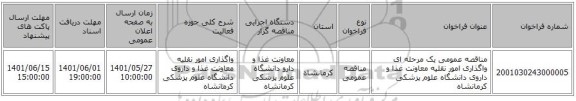 مناقصه، مناقصه عمومی یک مرحله ای واگذاری امور نقلیه معاونت غذا و داروی دانشگاه علوم پزشکی کرمانشاه