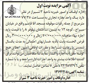 مزایده  یک واحد مغازه تجاری به مساحت تقریبی 77/35 مترمربع