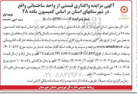 مزایده واگذاری قسمتی از واحد ساختمانی