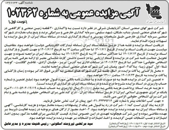 مزایده واگذاری 30 قطعه زمین صنعتی