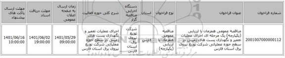 مناقصه، مناقصه عمومی همزمان با ارزیابی (یکپارچه) یک مرحله ای اجرای عملیات تعمیر و نگهداری پست های زمینی در سطح حوزه عملیاتی شرکت توزیع نیروی برق استان فارس