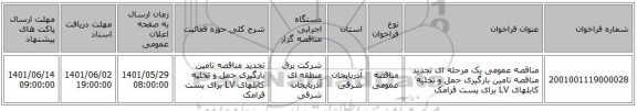 مناقصه، مناقصه عمومی یک مرحله ای تجدید مناقصه تامین بارگیری حمل و تخلیه کابلهای LV برای پست قرامک