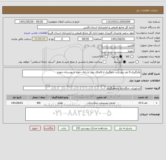 استعلام بکارگیری 5 نفر نیرو بابت جلوگیری از قاچاق چوب و زغال حوزه شهرستان جهرم