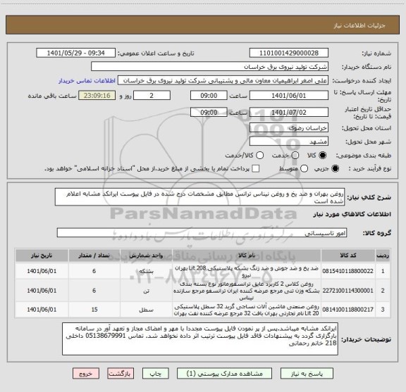 استعلام روغن بهران و ضد یخ و روغن نیناس ترانس مطابق مشخصات درج شده در فایل پیوست ایرانکد مشابه اعلام شده است