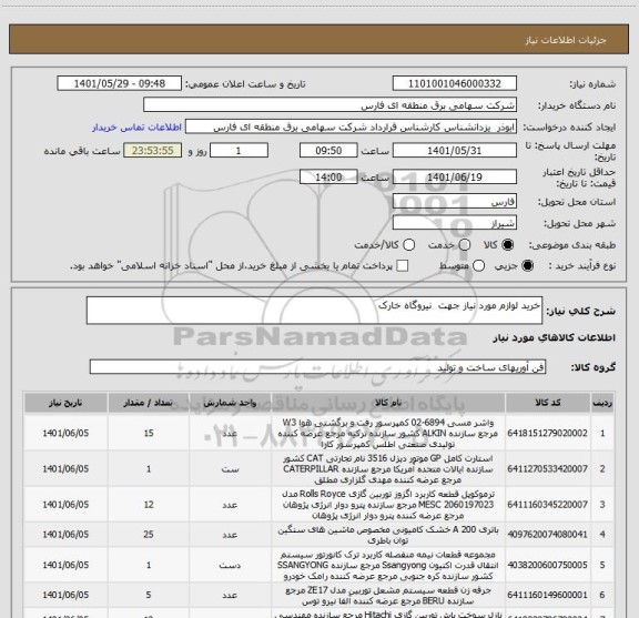 استعلام خرید لوازم مورد نیاز جهت  نیروگاه خارک