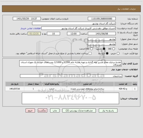 استعلام نقشه برداری معابر مسیر لوله گذاری و تهیه نقشه خام 1/200 و 1/1000 روستاهای خوشه یک مهران استان هرمزگان