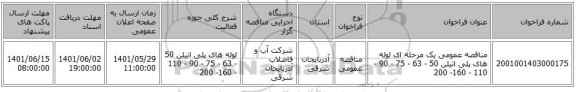 مناقصه، مناقصه عمومی یک مرحله ای لوله های پلی اتیلن 50 - 63 - 75 - 90 - 110 - 160- 200