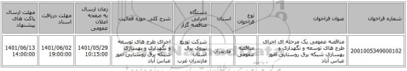 مناقصه، مناقصه عمومی یک مرحله ای اجرای طرح های توسعه و نگهداری و بهسازی شبکه برق روستایی امور عباس آباد