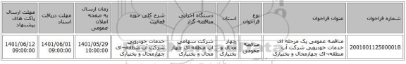 مناقصه، مناقصه عمومی یک مرحله ای خدمات خودرویی شرکت آب منطقه¬ای چهارمحال و بختیاری