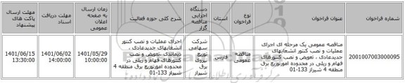 مناقصه، مناقصه عمومی یک مرحله ای اجرای عملیات و نصب کنتور انشعابهای جدیدعادی ، تعویض و نصب کنتورهای فهام و ریلی در محدوده امورتوزیع برق منطقه 4 شیراز 133-01