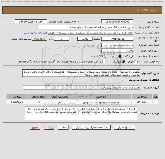 استعلام نگهبانی و حفاظت از تعداد 19 شعبه بانک مسکن ( استان سیستان و بلوچستان ) از اول تا پایان وقت اداری و پولرسانی شعب شهرستان بانک ملی شهر مربوطه
