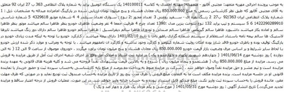 آگهی مزایده یک دستگاه اتومبیل پراید