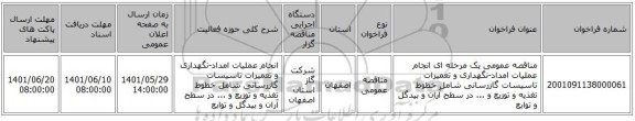 مناقصه، مناقصه عمومی یک مرحله ای انجام عملیات امداد-نگهداری و تعمیرات تاسیسات گازرسانی شامل خطوط تغذیه و توزیع و ... در سطح آران و بیدگل و توابع