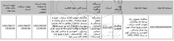 مناقصه، مناقصه عمومی یک مرحله ای واگذاری امورات آماده ‏سازی ، طبخ  و توزیع غذای مورد نیاز مرکز پزشکی ، آموزشی  و درمانی کوثر در سال 1402-1401